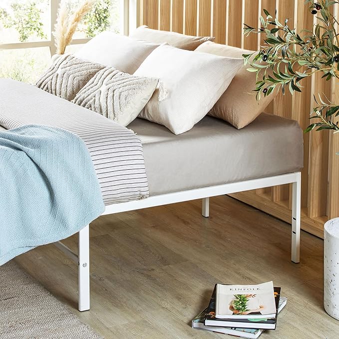 Best Price Mattress 16 Inch Metal Platform Bed Frame, Heavy Duty Steel Slats, White, Twin