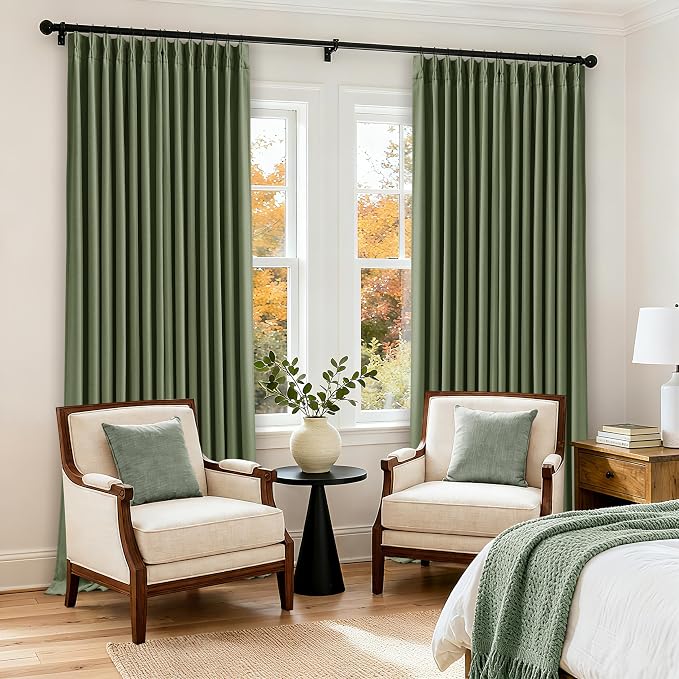 100 Inch Olive Green Linen Pinch Pleated Blackout Curtains - Image 8