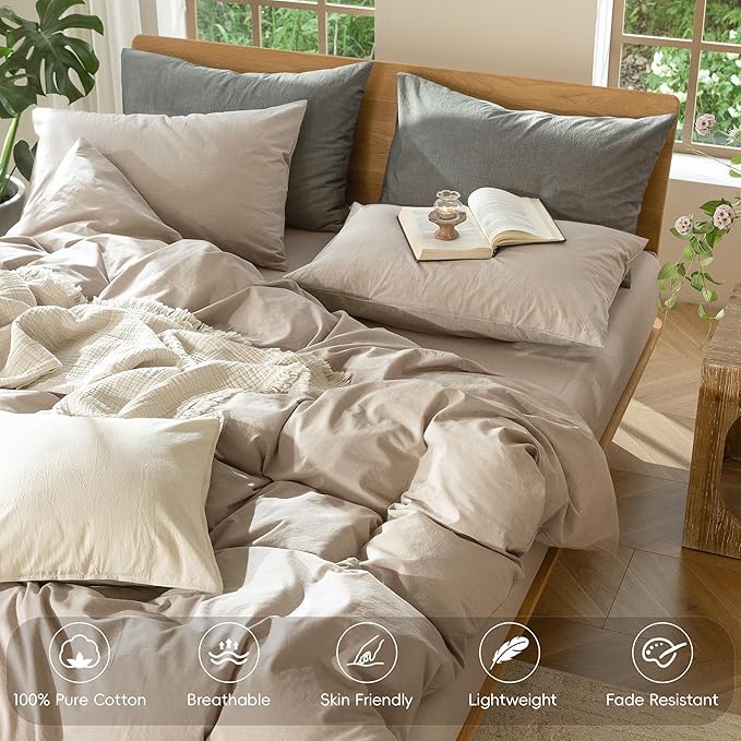 MooMee Bedding Duvet Cover Set 100% Washed Cotton Linen Like Textured Breathable Durable Soft Comfy (Heathered Taupe, Oversized Queen 98"x98")