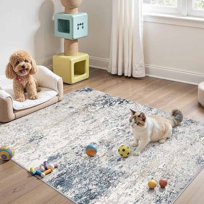 DMOYEST Area Rug Living Room Rugs 4x6 Washable Abstract Beige Blue Carpet | - Image 8