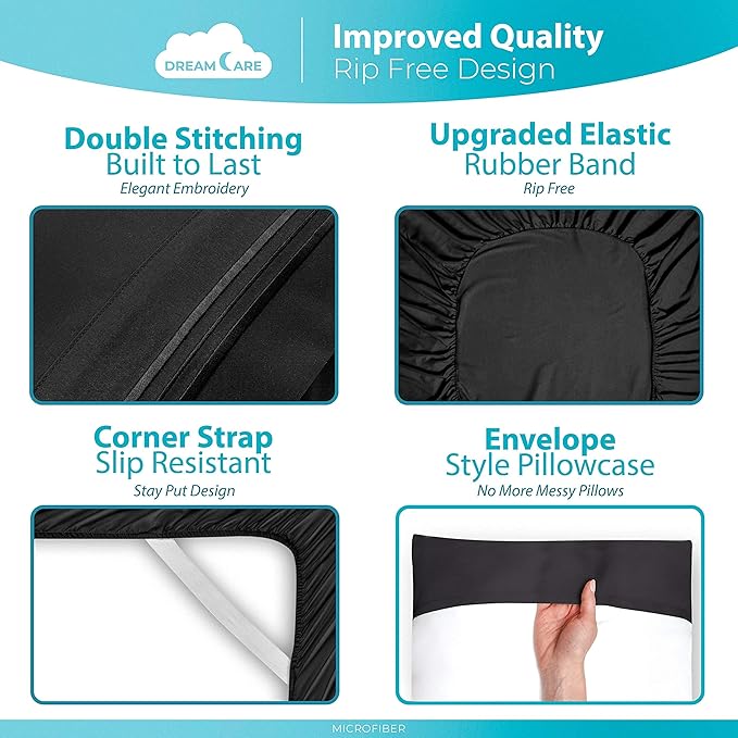 DREAMCARE King Size Sheets Set – 6 pcs Cooling Bed Sheets – up to 21” Deep Pocket King Sheet Set – 2500 Supreme Collection – Extra Soft 100% Brushed Microfiber Hotel Luxury with Side Pocket – Black