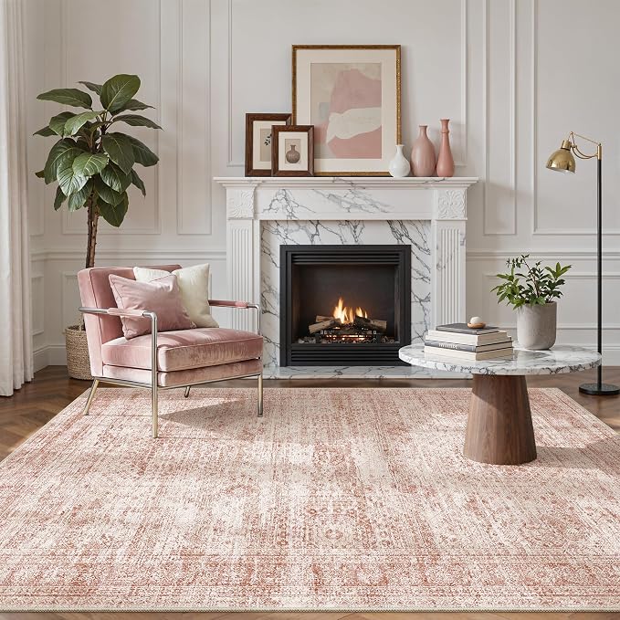 Soalmost 5x7 Area Rugs Pink Low Pile Washable Trendy Faded Style Rug | Vintage - Image 3