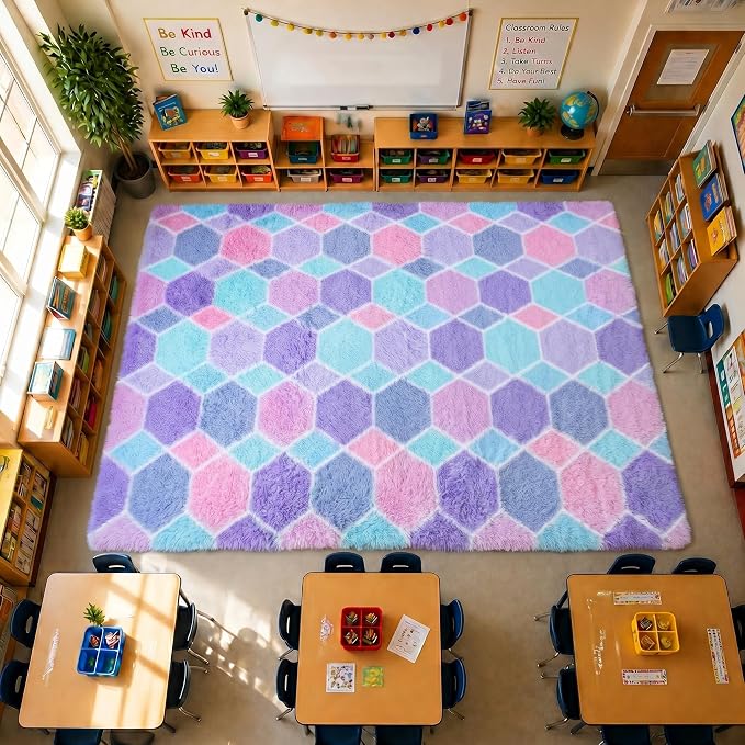 Checkered 6x9 Area Rugs for Living Room, Fluffy Purple Rainbow Girls Rug | Soft - Image 7