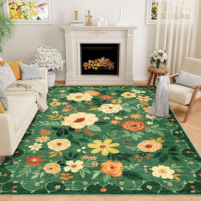 DUKINO 8x10 Area Rugs, Floral Washable Living Room Rug Non Slip, Dark Green | by DUKINO