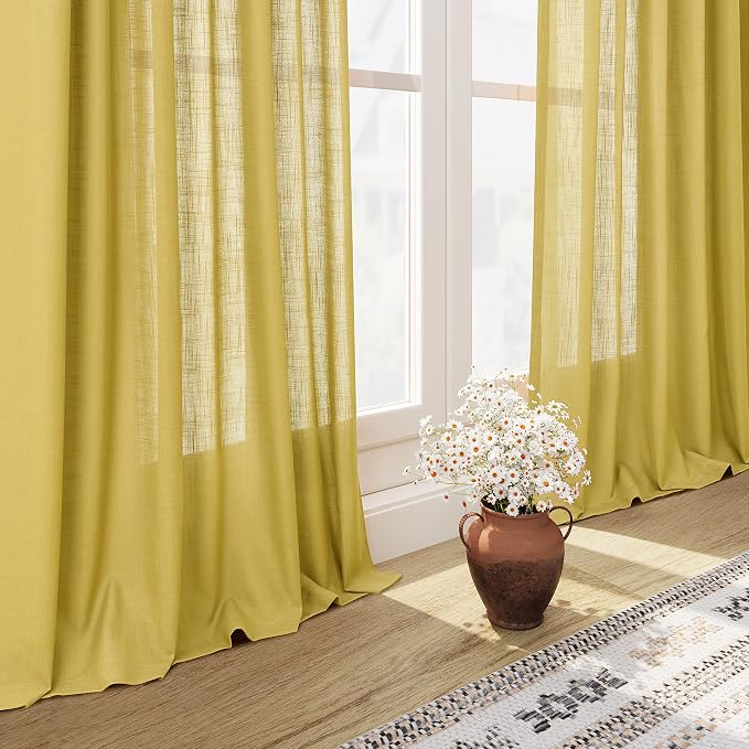 Celery Yellow Linen Curtains 90 Inches Long 2 Panel Set Back Tab Rod Pocket - Image 6