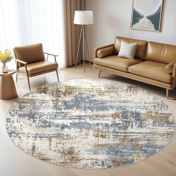 LOONGRUG Round Rug 7x7 Washable Large Neutral Modern Area Rugs Blue Tan | by LOONGRUG