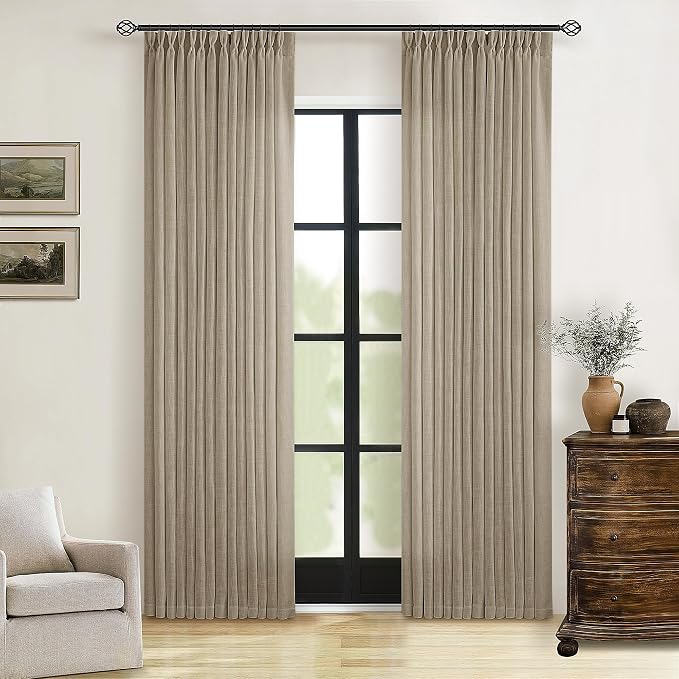 Textured Linen Pinch Pleated Curtains Tan Greige 84 Inches Long 2 Panels | - Image 7