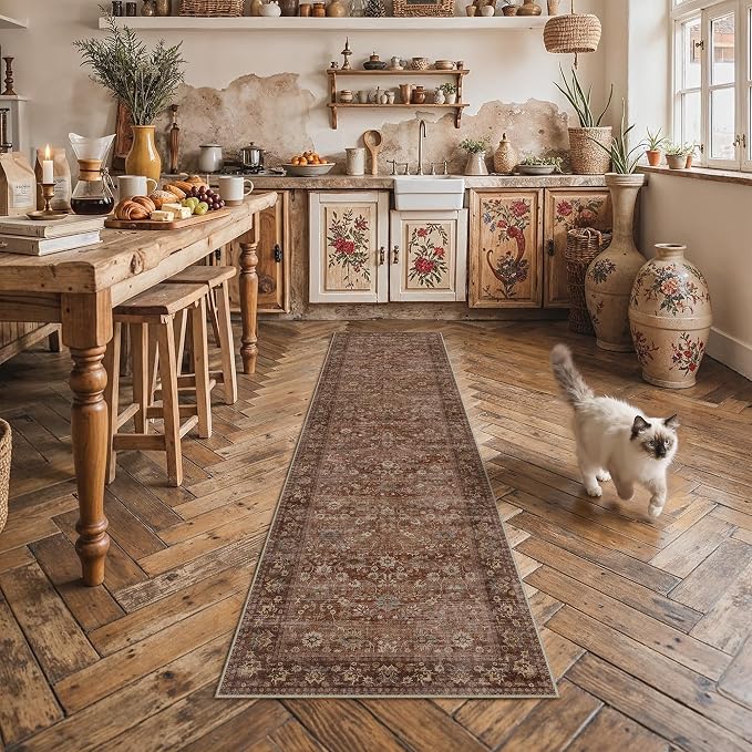 2'6''x8' Brick Red Vintage Floral Washable Runner Rug by HUGEAR