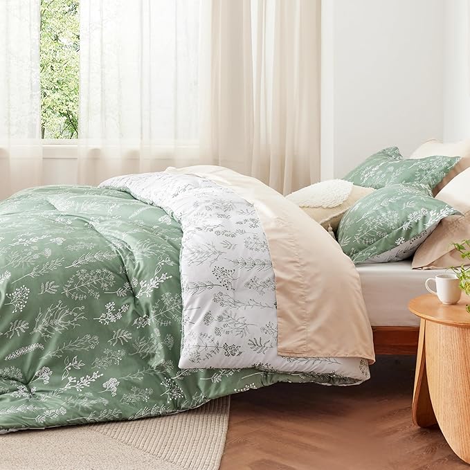 Bedsure Twin/Twin XL Comforter Set - Green Bed Set, 2 Pieces Cute Floral Bedding, 1 Soft Reversible Botanical Flowers Comforter and 1 Pillow Sham