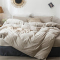 MooMee Bedding Duvet Cover Set 100% Washed Cotton Linen Like Textured Breathable Durable Soft Comfy (Heathered Tannish Linen Grey, Oversized King Plus 128"x120")
