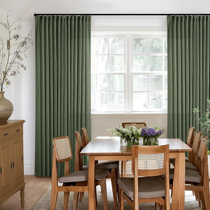 Olive Green Pinch Pleated Linen Semi Sheer Bedroom Curtains 92 Inches Long | - Image 6