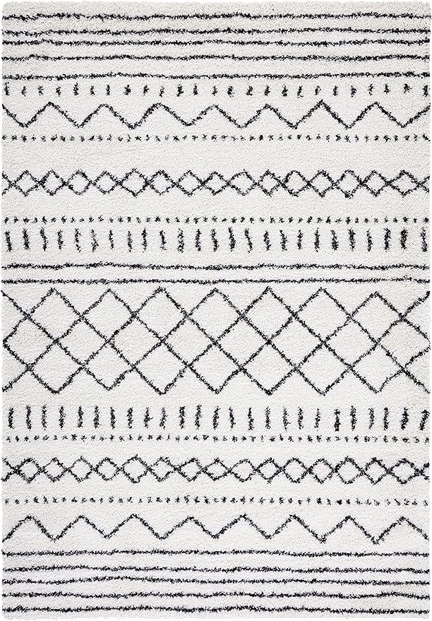 SAFAVIEH Arizona Shag Collection Area Rug - 5'1" x 7'6", Ivory & Black, Moroccan Design, Non-Shedding & Easy Care, 1.6-inch Thick Ideal for High Traffic Areas in Living Room, Bedroom (ASG741Z)