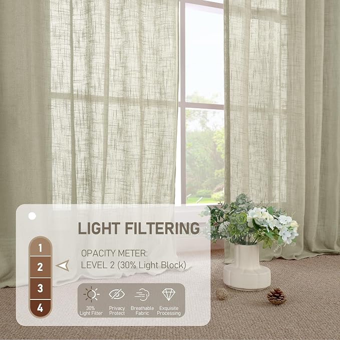 63 Inch Length Linen Sheer Curtains 2 Panels Set, Oatmeal Light Filtering - Image 5