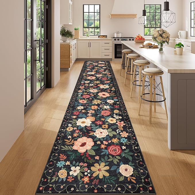 DUKINO 2.6x14 Washable Runner Rug, Floral Non Slip Long Runner Rug, Low Pile - Image 3
