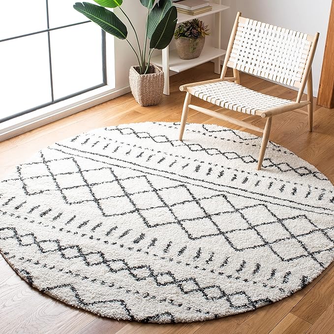 SAFAVIEH Arizona Shag Collection 6'7" Round Ivory/Black ASG741Z Moroccan Non-Shedding Entryway Foyer Living Room Bedroom Kitchen 1.2-inch Thick Area Rug