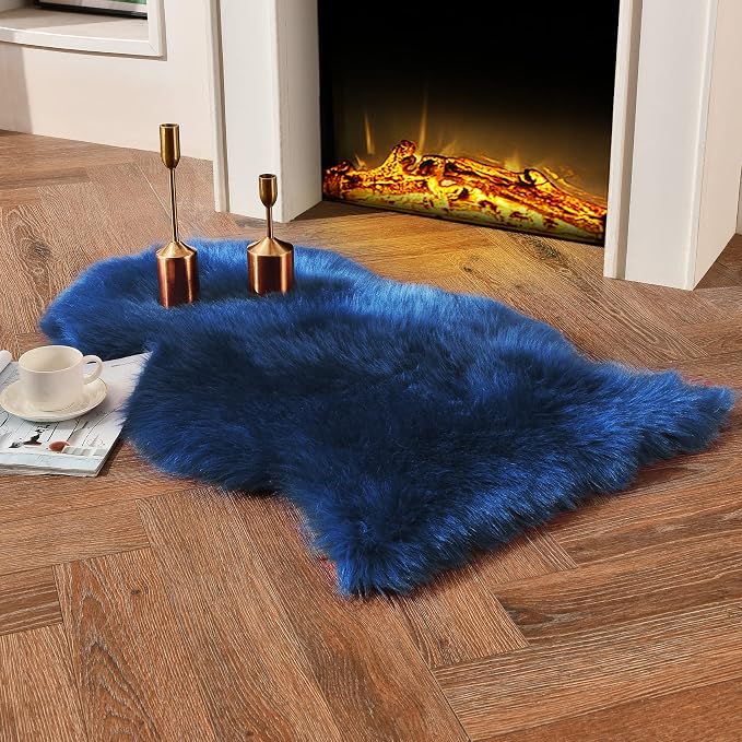 Navy Blue Faux Sheepskin Throw Rug 2x3 ft, Small Fluffy Fur Chair Cover | Shag by duduta