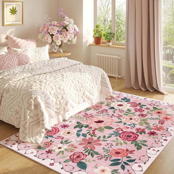 DUKINO 4x6 Area Rug, Floral Washable Rug Non Slip Office Chair Mat, Stain - Image 5