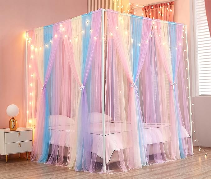 Akiky Canopy Bed Curtains with Lights 4 Corner Post Bed Canopy for Adults Girls, Rainbow Bed Drapes Netting-8 Panel Curtains,Full/Queen