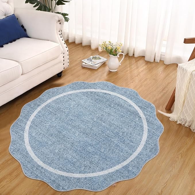 GarveeHome Scalloped Round Washable Rug, Soft Modern Round Rugs 5ft, Boho Blue - Image 6