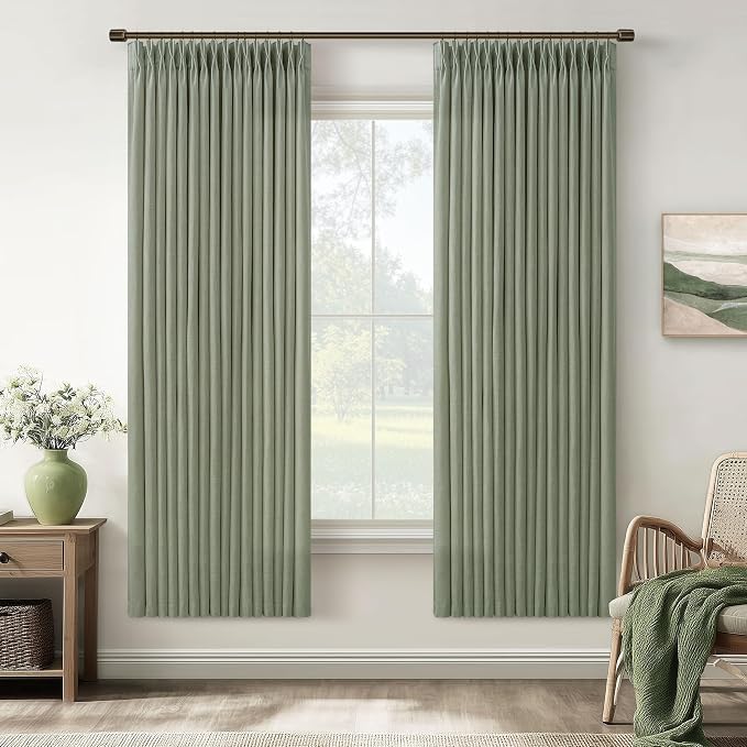 Green Linen Blend 72 Inch Light Filtering Pleat Boho Curtains 50 Inch Wide | by Twodrapes
