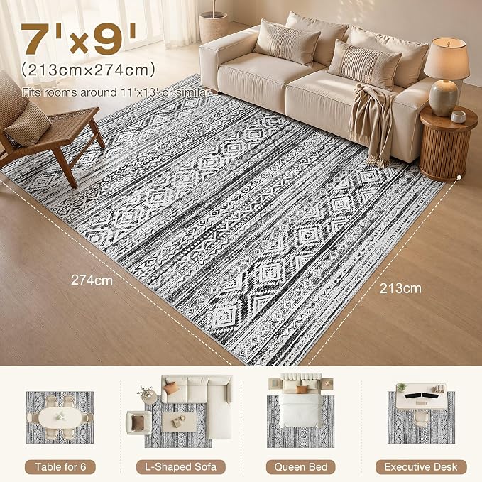 cotiled Boho 7x9 Area Rug for Living Room: Large Moroccan Washable Rug | Solve - Image 8