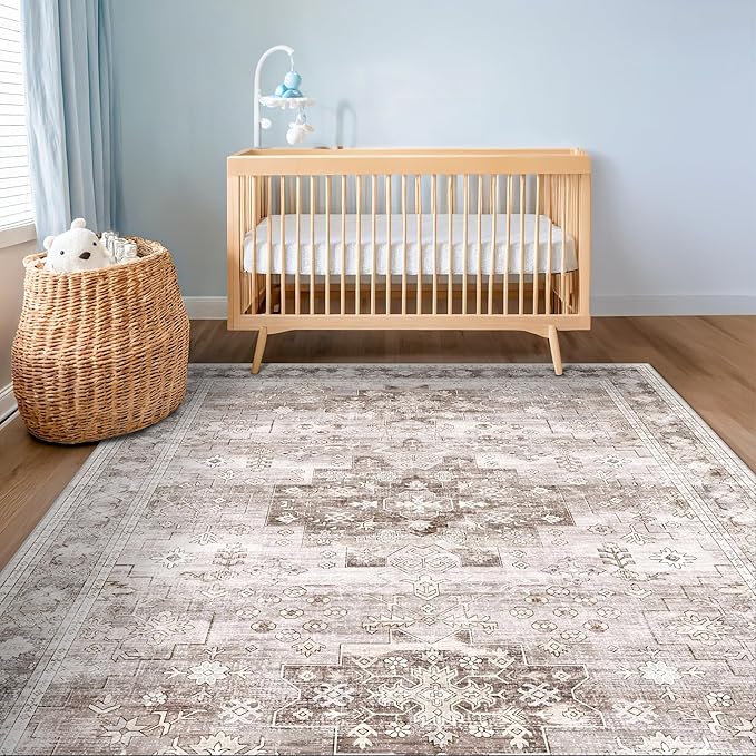Washable Neutral Farmhouse Living Room Rug, 5x7 Area Rugs - Image 6