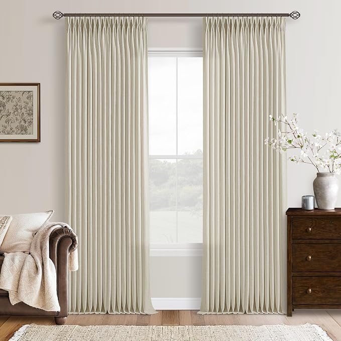Farmhouse 94 Inch Light Filter Beige Tan Linen Pinch Pleated Curtains 50x94 | by Twodrapes