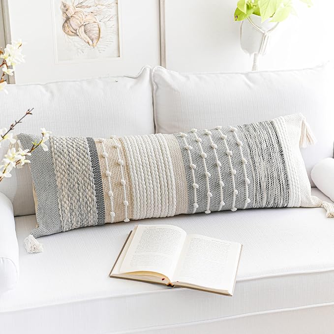 Gray Boho Lumbar Throw Pillow Cover 14x36 Grey Accent Long Body Lumbar Pillow by BlissBlush