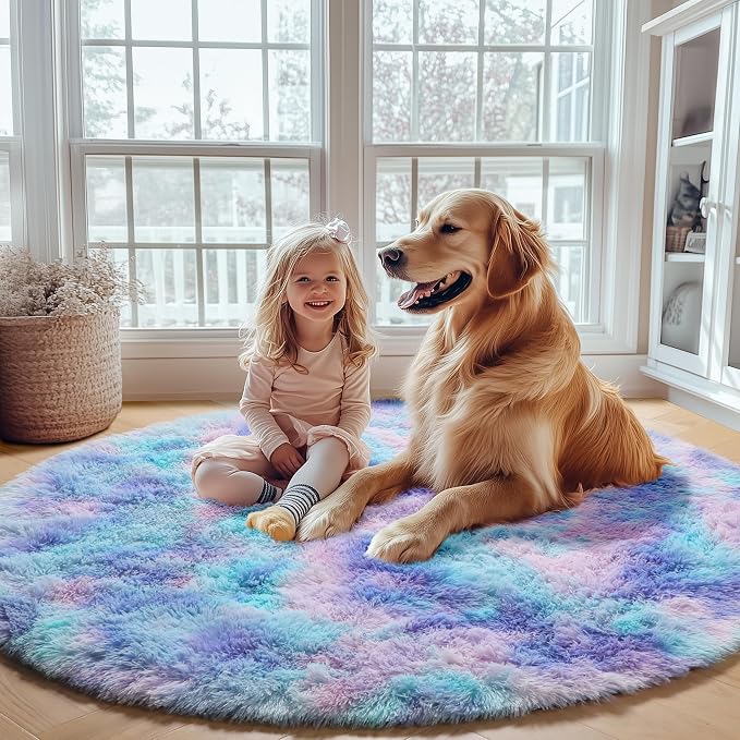 Rainbow Round Area Rugs 6ft, Fluffy Soft Bedroom Circle Rug - Image 5