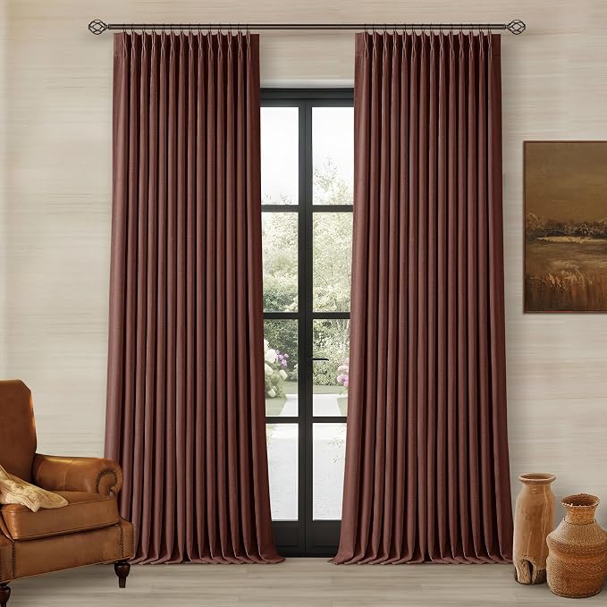 Chestnut Brown 96 Inch Blackout Pinch Pleated Curtains 2 Panels | Thick Linen by Twodrapes