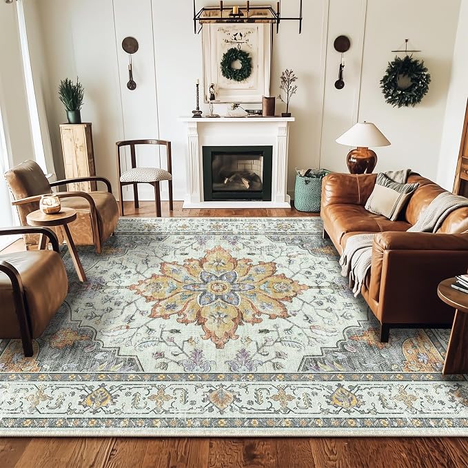 RELEANY Washable Area Rug, Water Repellent, Pet Friendly, Vintage Floral Boho - Image 4