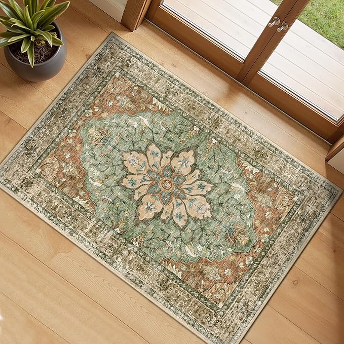 RELEANY Washable Area Rug, Small 2'x3', Brick/Brown/Green | Non-Slip, Water by RELEANY