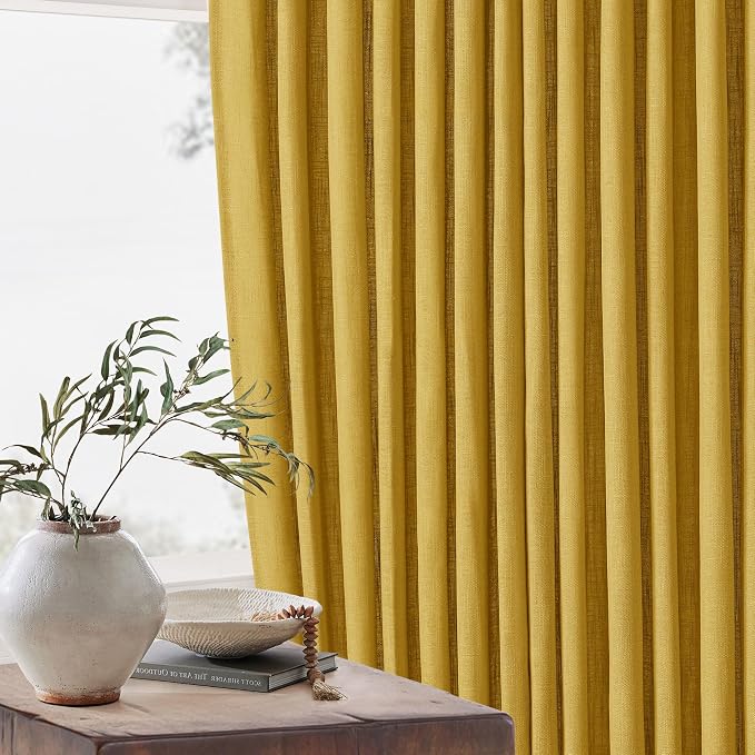 Mustard Yellow Pinch Pleated Linen Sheer Curtains 45 Inch Length 2 Panels | - Image 6
