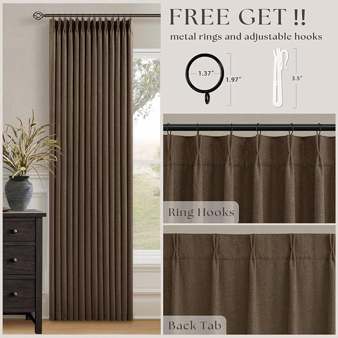 Thick Linen Pleated Brown Blackout Double Layer Curtains 90 Inches Long | Room - Image 3