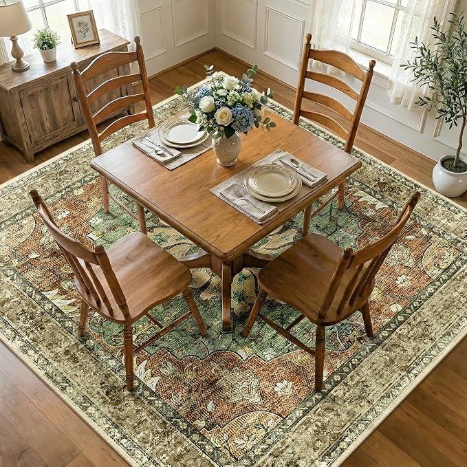 RELEANY Washable Area Rug, Square 7'x7', Brick/Brown/Green | Non-Slip, Water by RELEANY