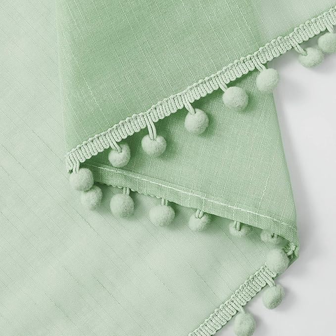 Treatmentex Pom-Pom Green Sheer Curtains for Bedroom 95inches Long Tassle Linen Textured Window Curtain Panels for Living Room Kids Room Kitchen 52" w, 1 Pair, Rod Pocket,Sage Green