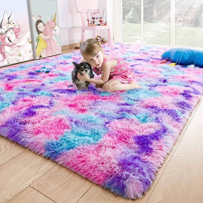3x5 Tie-Dyed Pink Purple Blue Fluffy Area Rug Non-Slip by ModernHomeDecor