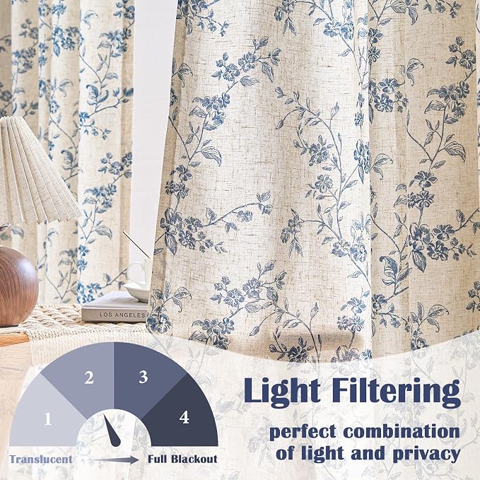 Blue Vintage Floral Linen Curtains Farmhouse 50W X 63L 2 Panels | Elisa Series - Image 3
