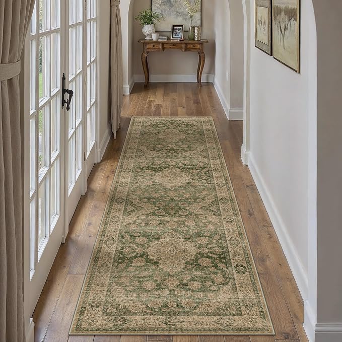 2x8 Green Retro Floral Washable Runner Rug by HUGEAR