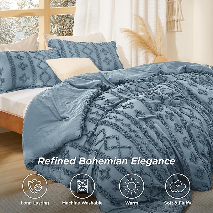 Bedsure Tufted Boho Comforter Set Queen Size - Grayish Blue Boho Bed Set, GentleSoft™ 3 Pieces Farmhouse Shabby Chic Embroidery Bedding, Gifts for Woman, Soft Jacquard Queen Comforter for All Seasons