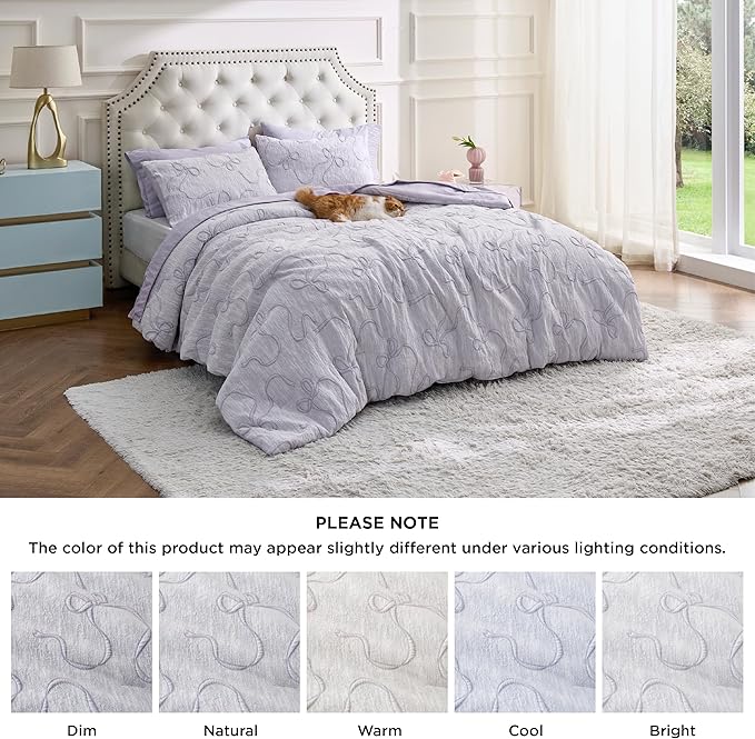 Bedsure King Size Comforter Set, Light Purple Boho Tufted Bed Set, 3D Puffy Jacquard Bedding King Size, 3 Pieces, 1 Farmhouse Shabby Chic Embroidery Comforter with Bow Pattern & 2 Pillow Cases