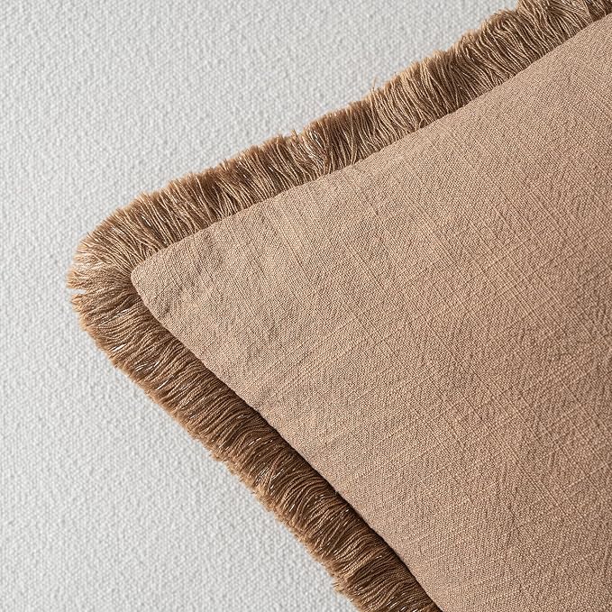 MIULEE Linen Fringe Decorative Fall Euro Throw Pillow Covers Brown 24x24 | Set - Image 3