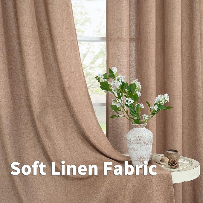 YoungsTex Mocha Linen Semi Sheer Curtains 98 Inches Long 2 Panels Set | Light - Image 6