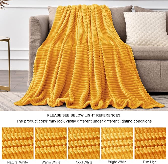 BEDELITE Ribbed Mustard Yellow Fleece Throw Blanket - Image 7