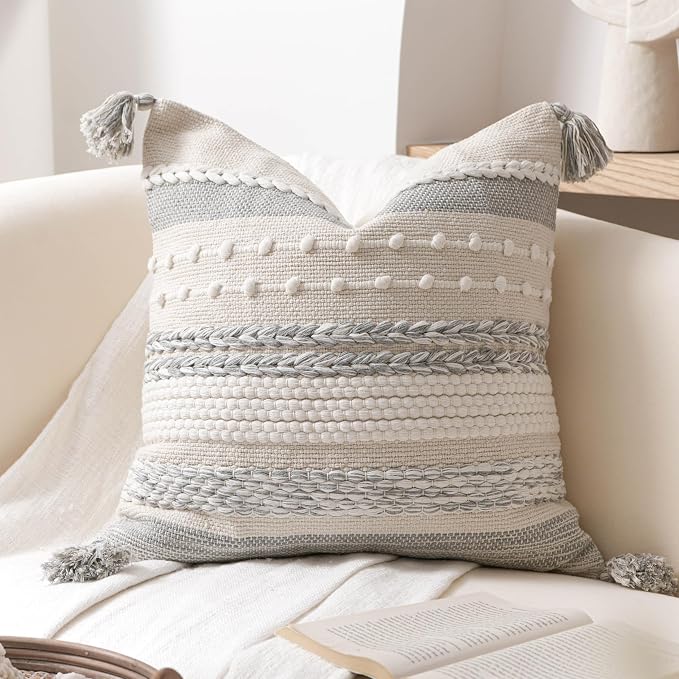 Gray Boho Decorative Throw Pillow Cover 18x18 Square Farmhouse Accent Cushion by BlissBlush