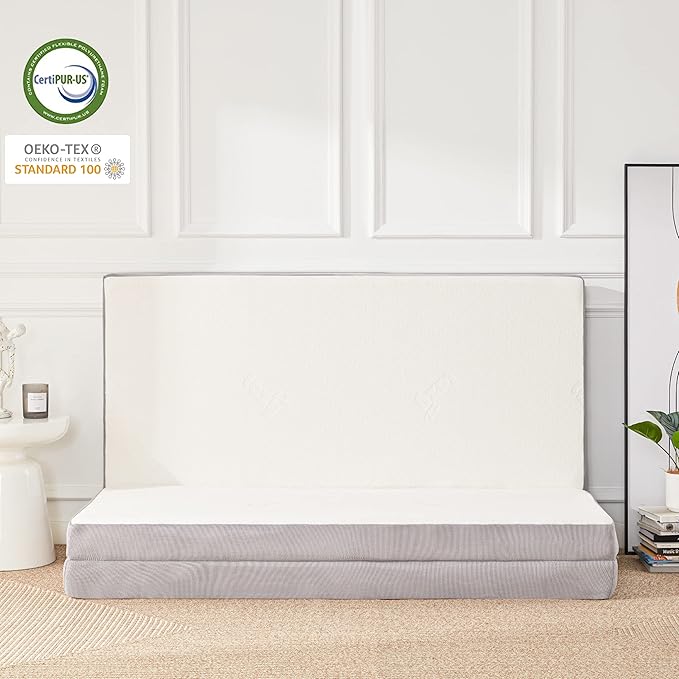 Folding Memory Foam Mattress, 4" Tri-fold with Breathable Washable Bamboo Fiber Cover, Foldable Guest Bed for Camping, Road Trip, Queen