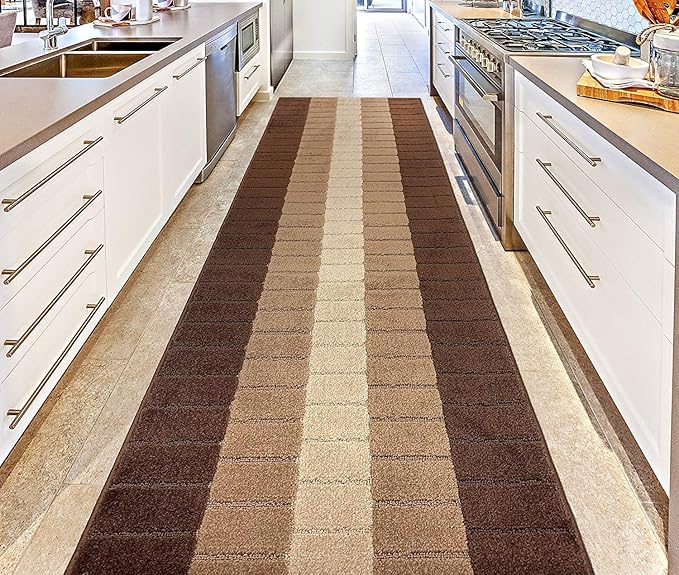 Custom Size Modern Geometric Pattern Carpet Runner Rug for Hallways, Slip Resistant Latex Rubber Backed, 31 inch Wide X Customized Length, Squares Brown, 31 inch X 40 feet