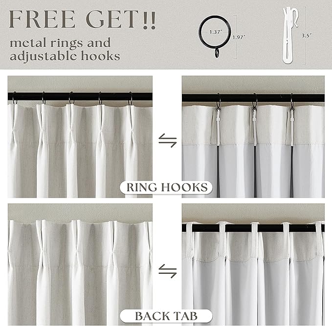 Beige White Pinch Pleated 100% Blackout Linen Curtains W60xL120 1 Panel | Black - Image 5