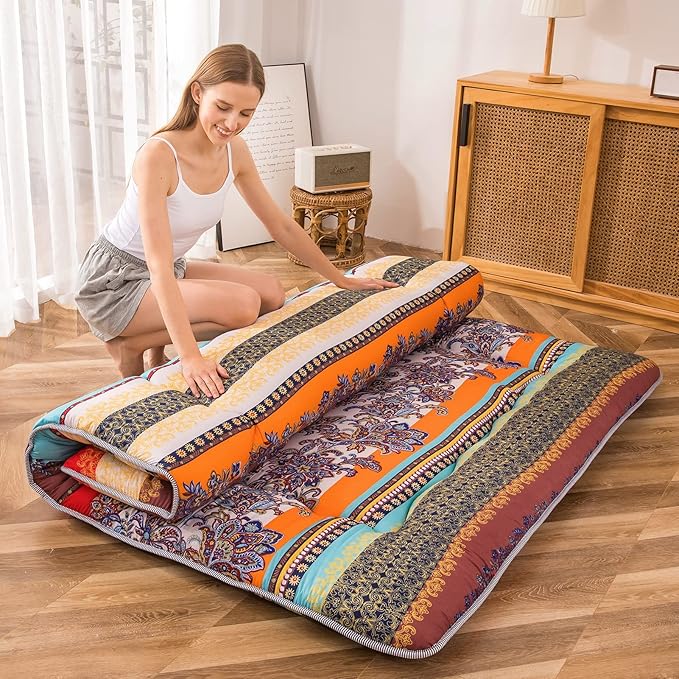 MAXYOYO Bohemian Retro Floor Mattress Vintage Floral Japanese Futon Mattress Roll Up Thicken Sleeping Bed Portable Camping Mattress Floor Lounger Couch Bed Mattress Pad, Full Size