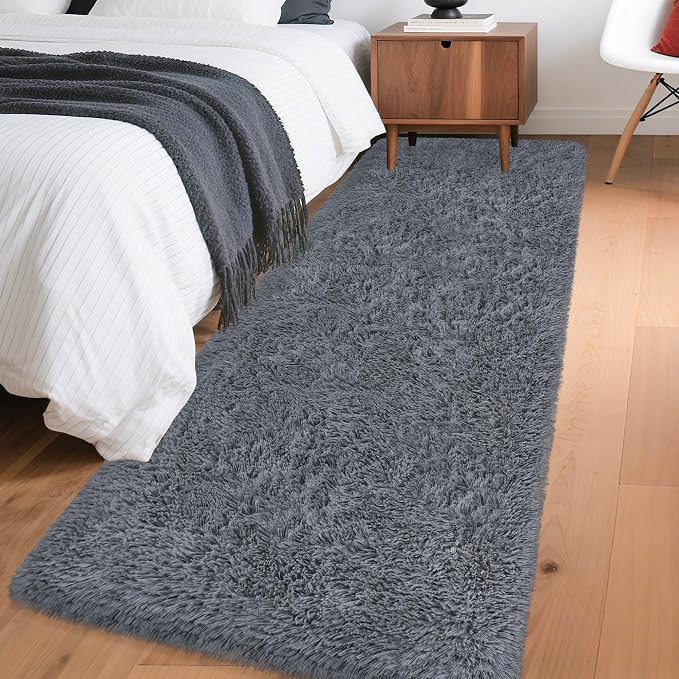 2x6 Bedside Area Rugs for Bedroom Soft Fluffy Shag Grey Rug for Hallway by JiaoBaba